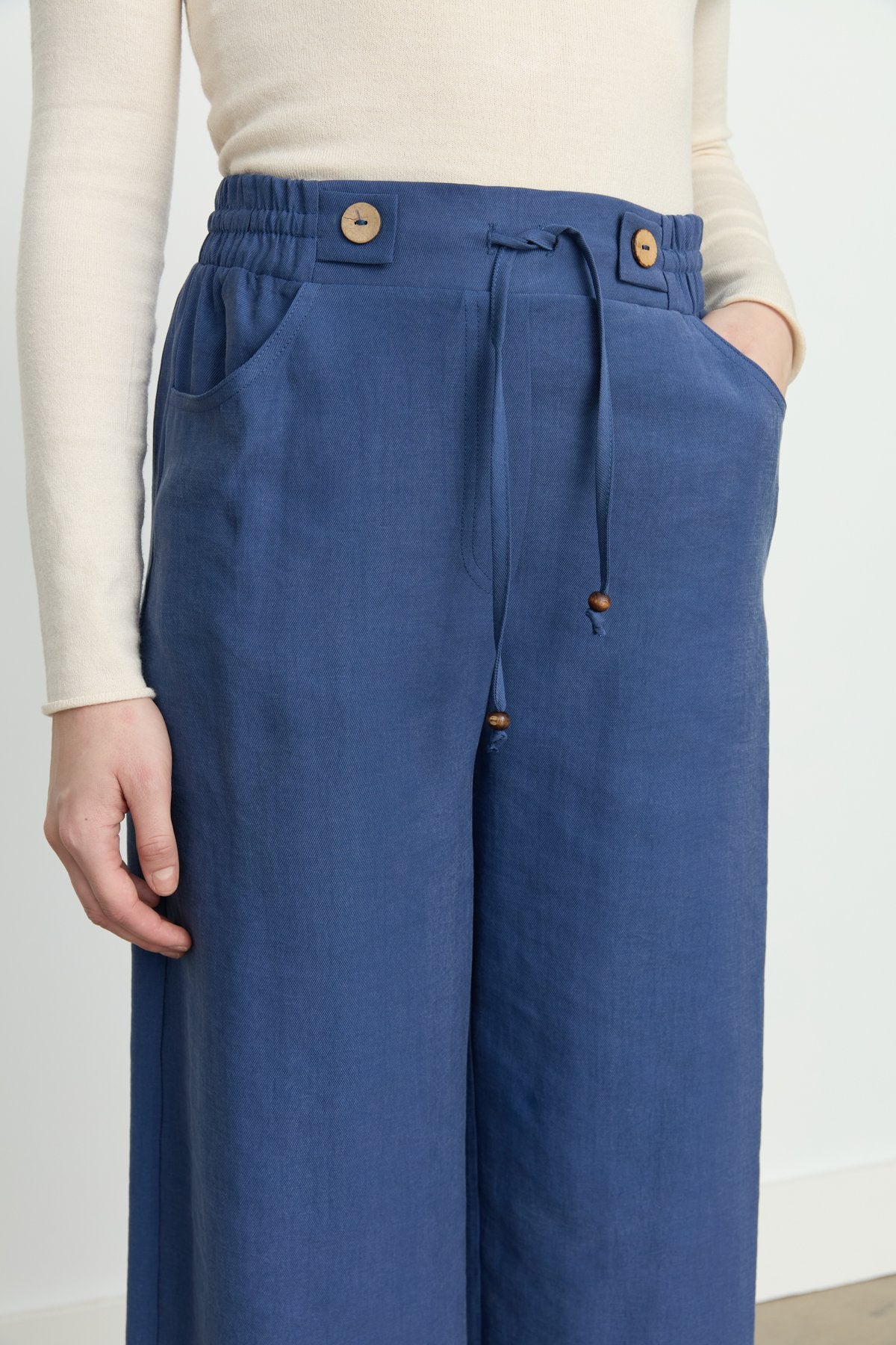 Beli Lastikli Bol Paça Tencel Pantolon - İndigo