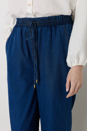 Beli Lastikli Bol Paça Tencel Pantolon - İndigo