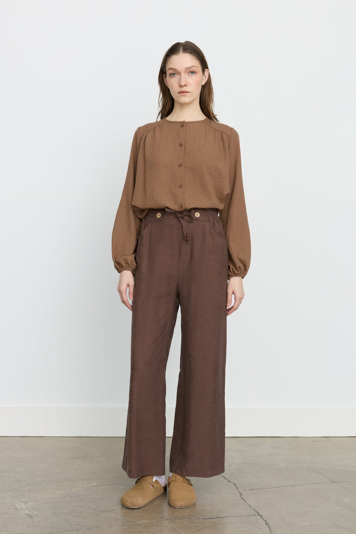 Beli Lastikli Bol Paça Tencel Pantolon - Kahve