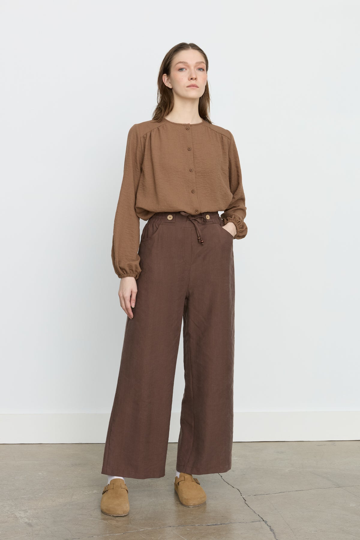 Wide-Leg Tencel Trousers with Elasticated Waist - Coffee