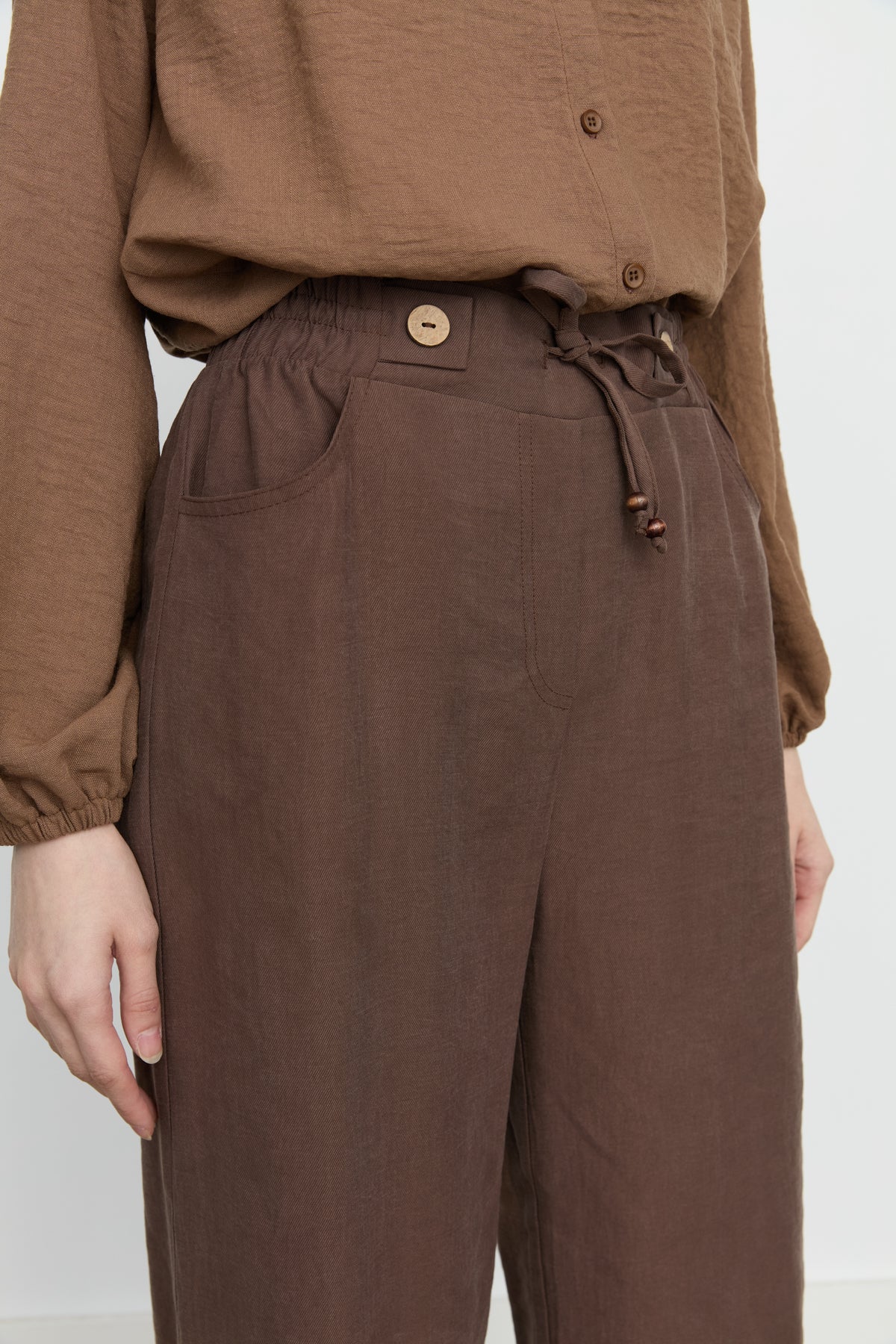 Wide-Leg Tencel Trousers with Elasticated Waist - Coffee