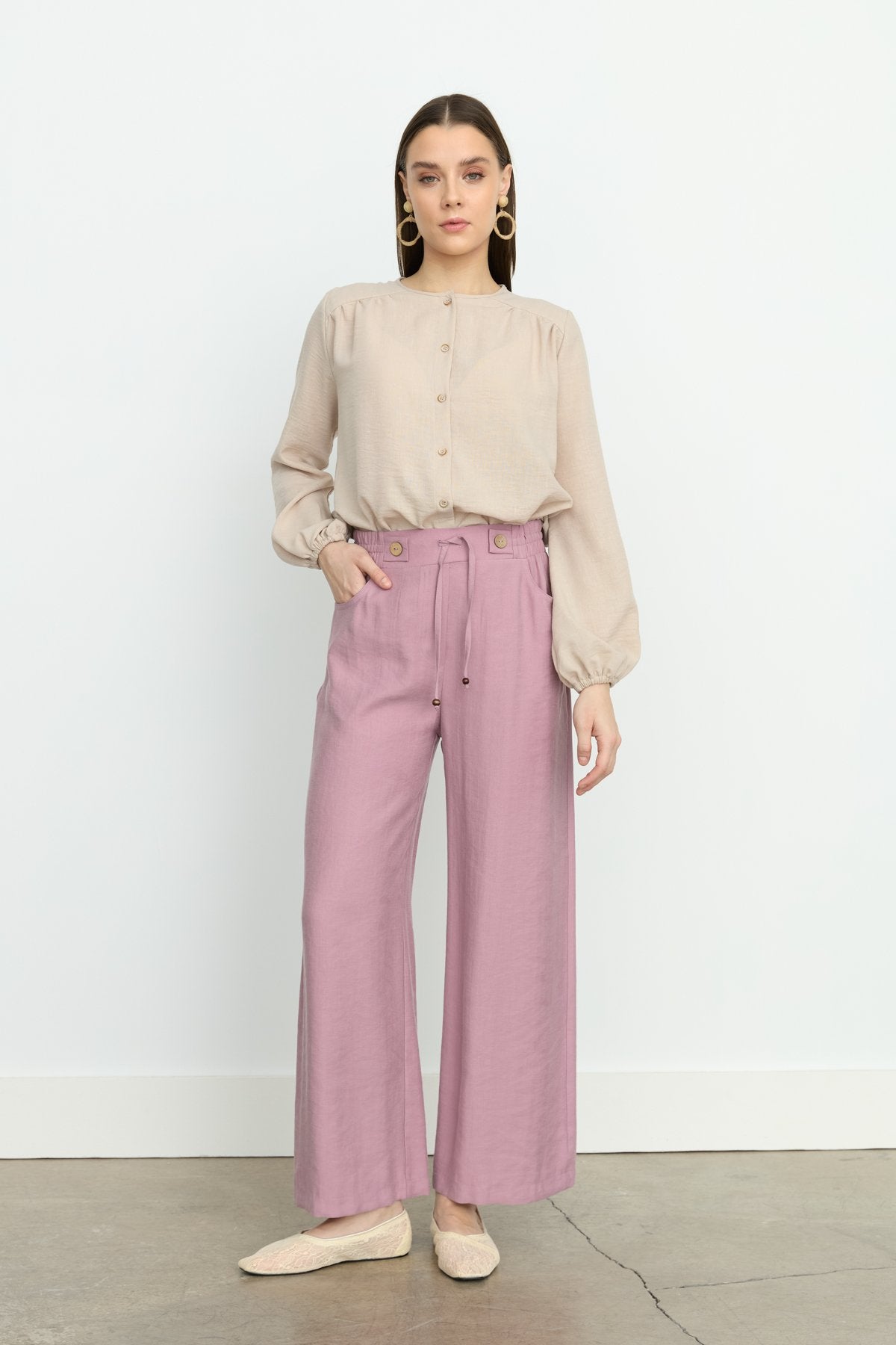 Beli Lastikli Bol Paça Tencel Pantolon - Lavanta