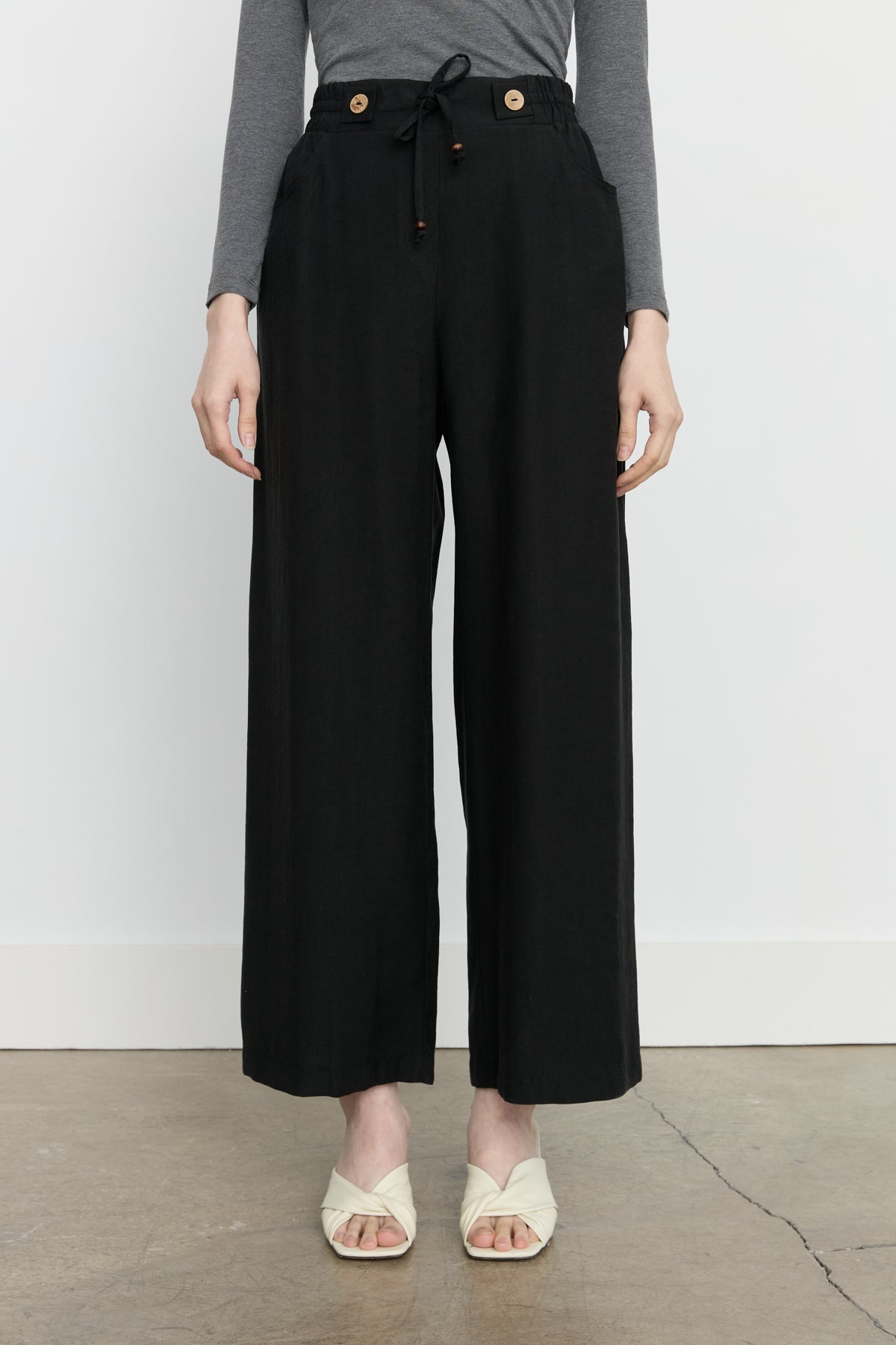 Beli Lastikli Bol Paça Tencel Pantolon - Siyah