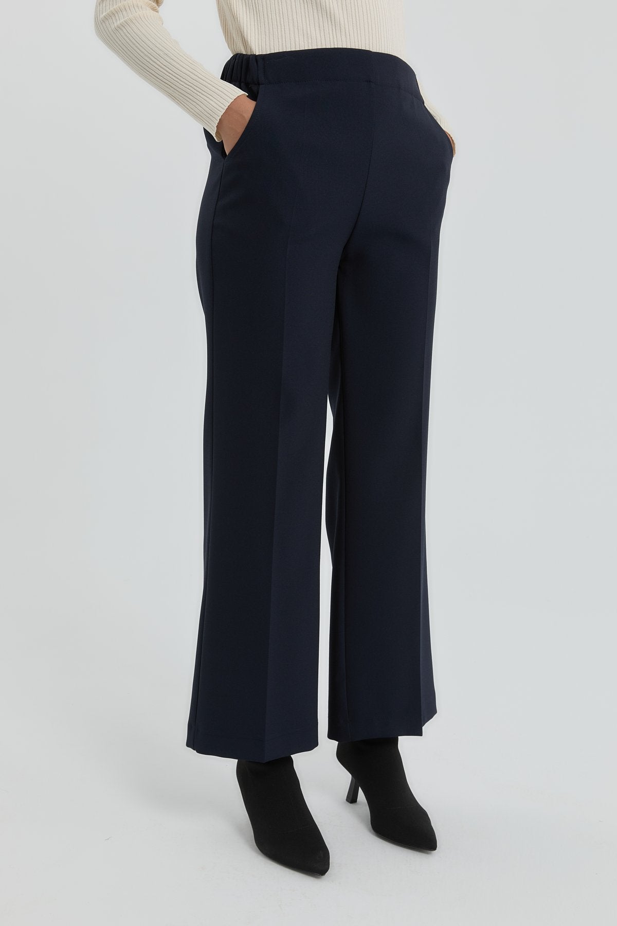 Elastic Waist Straight Leg Trousers - Navy Blue