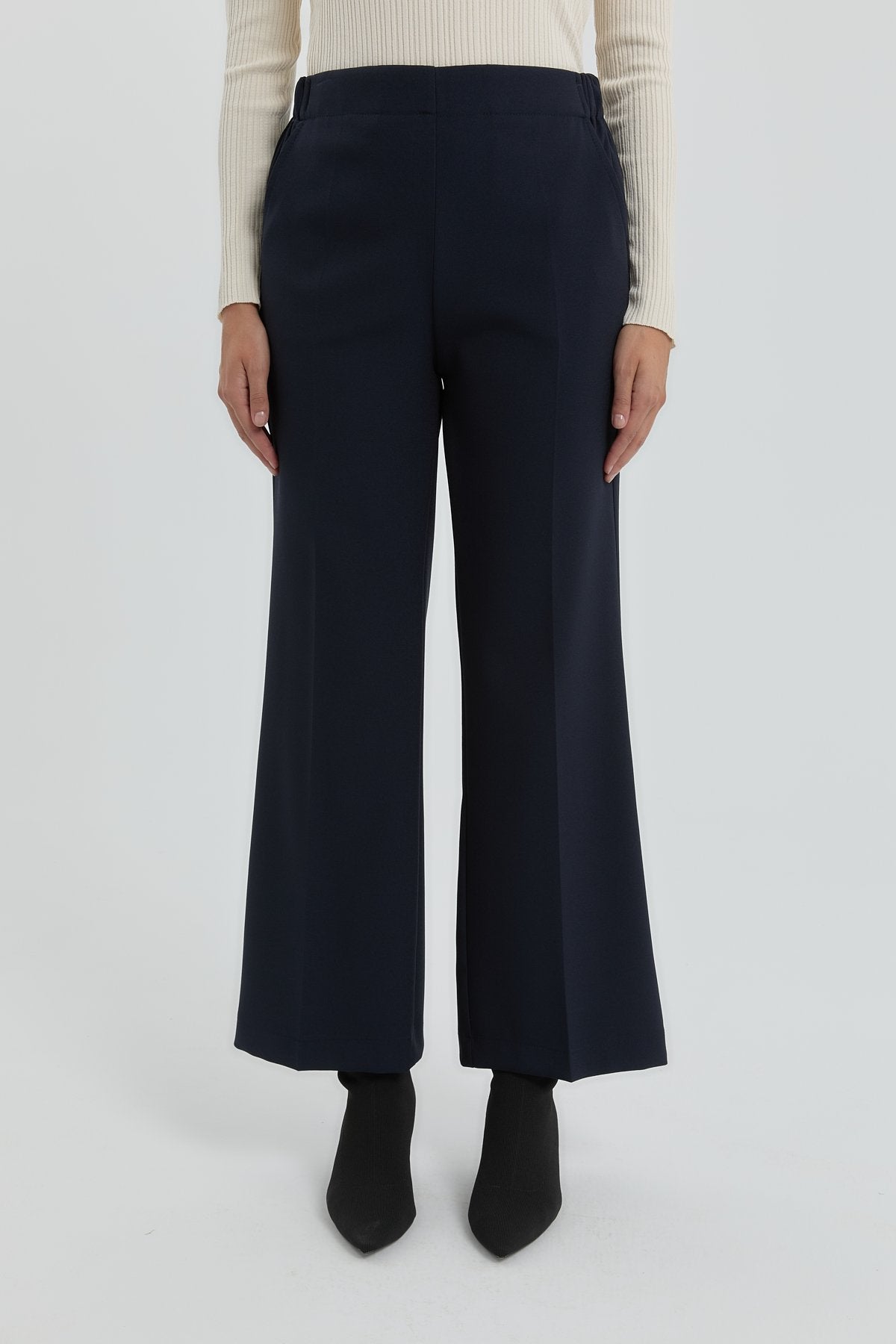 Elastic Waist Straight Leg Trousers - Navy Blue