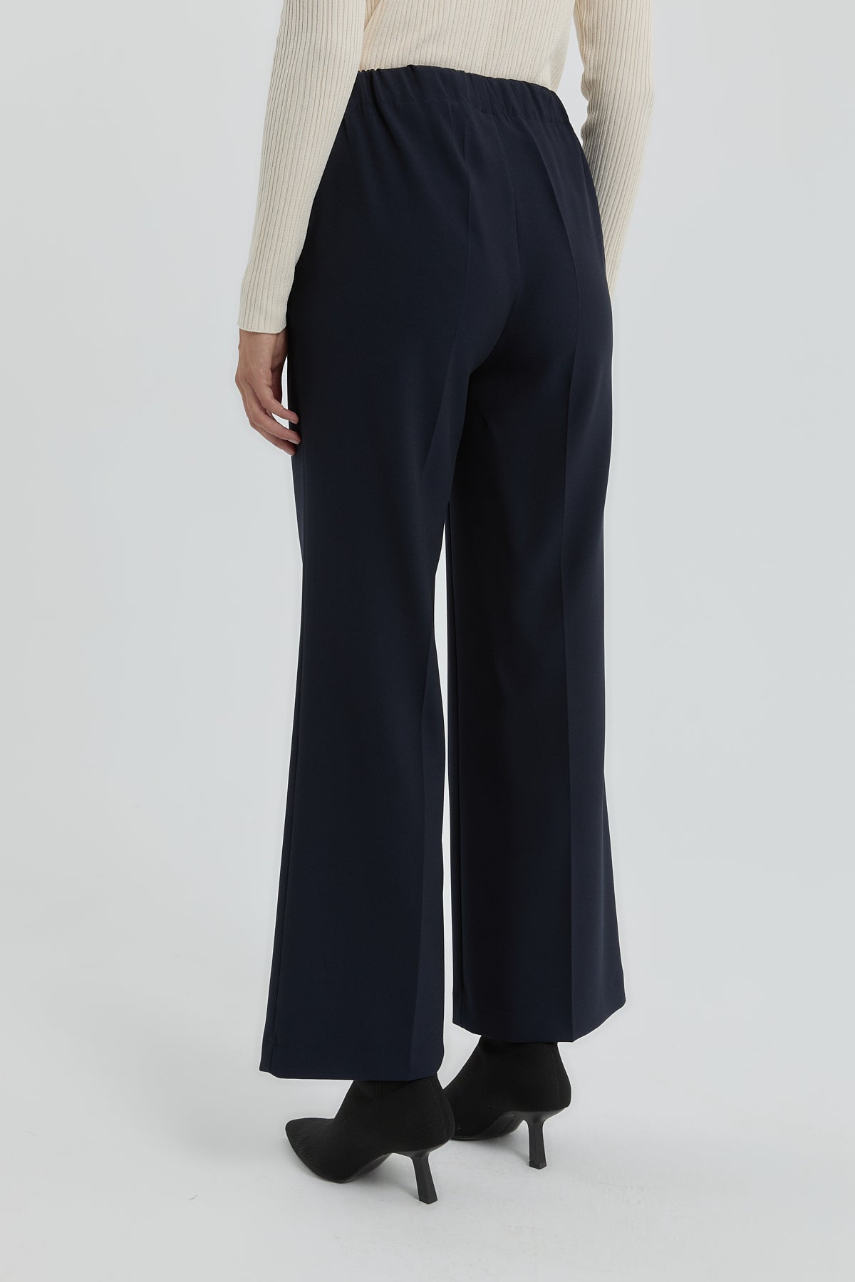 Elastic Waist Straight Leg Trousers - Navy Blue
