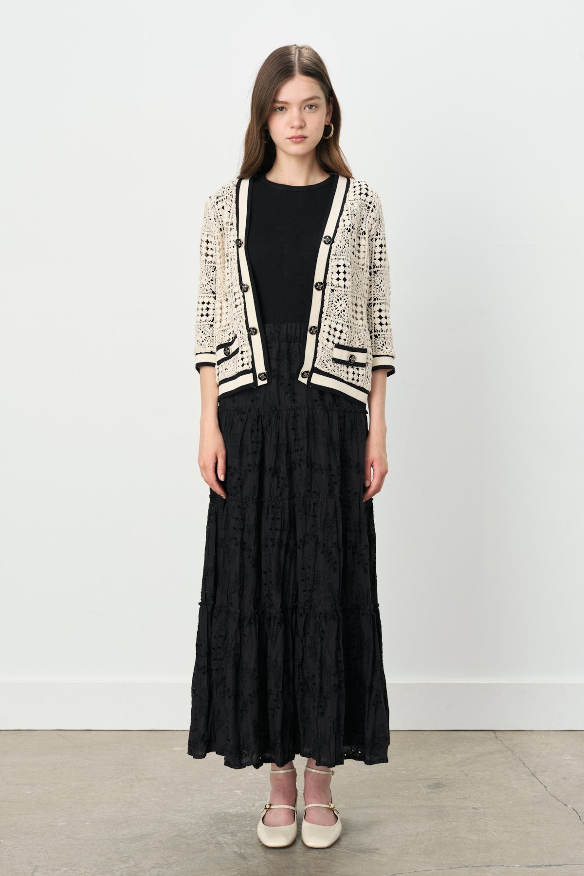 Embroidered Gypsy Cotton Skirt with Elastic Waistband - Black