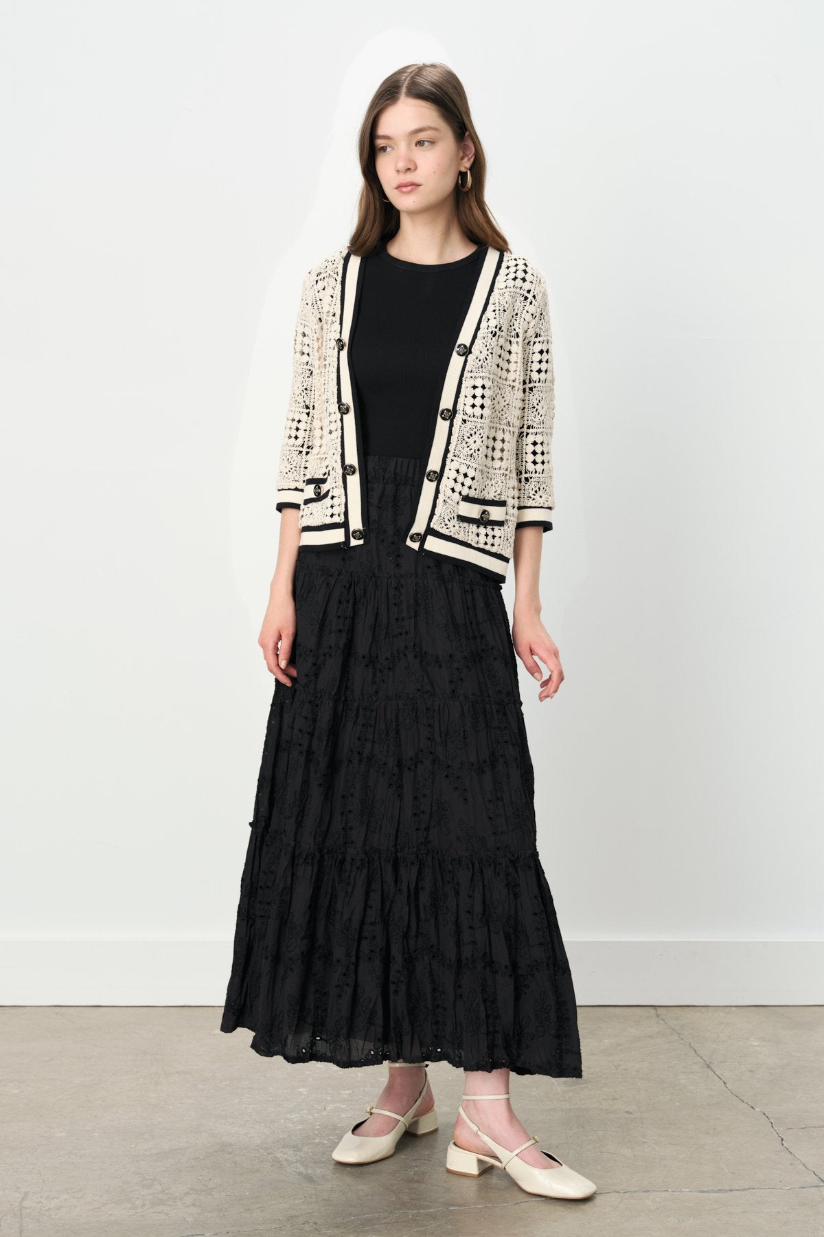Embroidered Gypsy Cotton Skirt with Elastic Waistband - Black