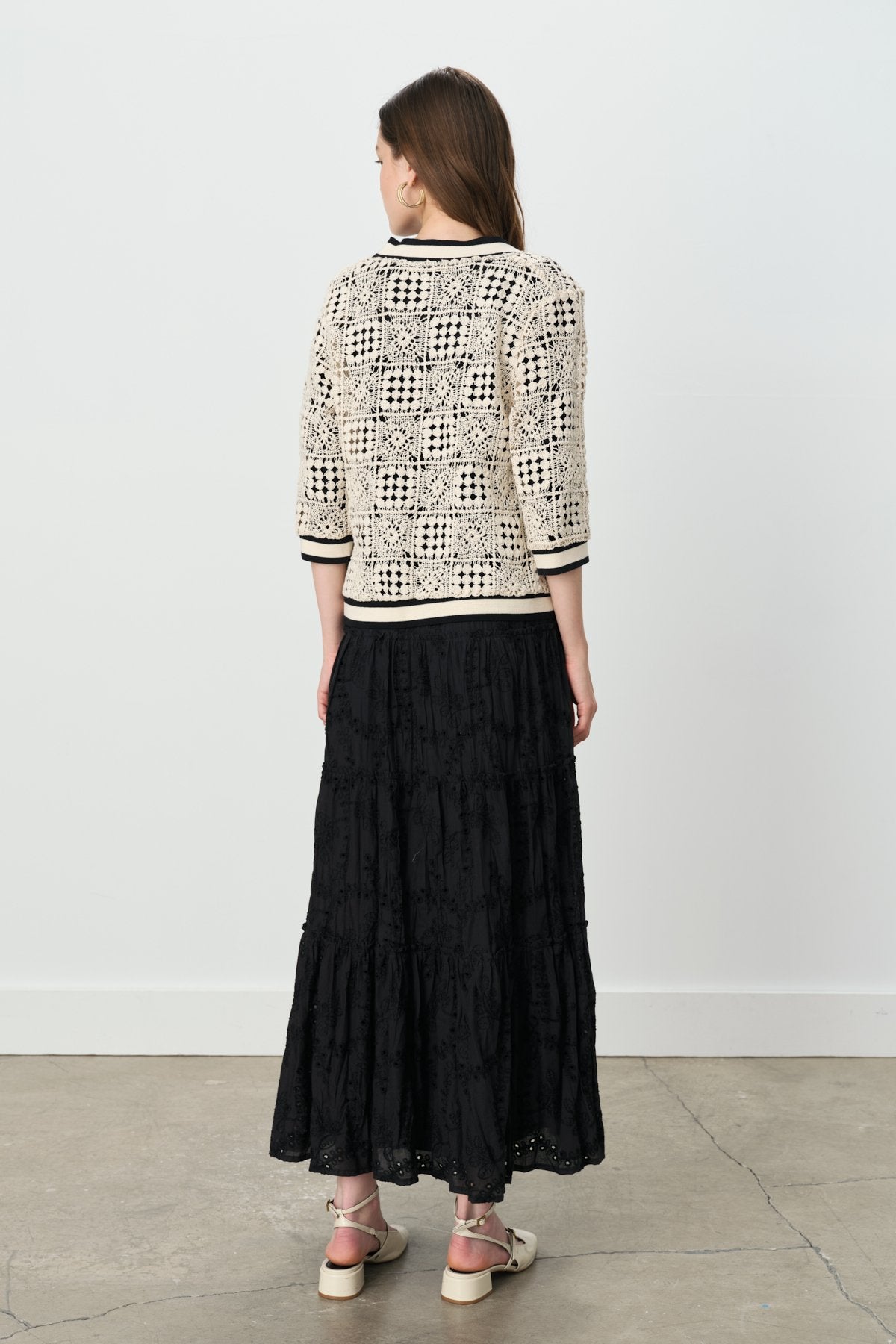 Embroidered Gypsy Cotton Skirt with Elastic Waistband - Black