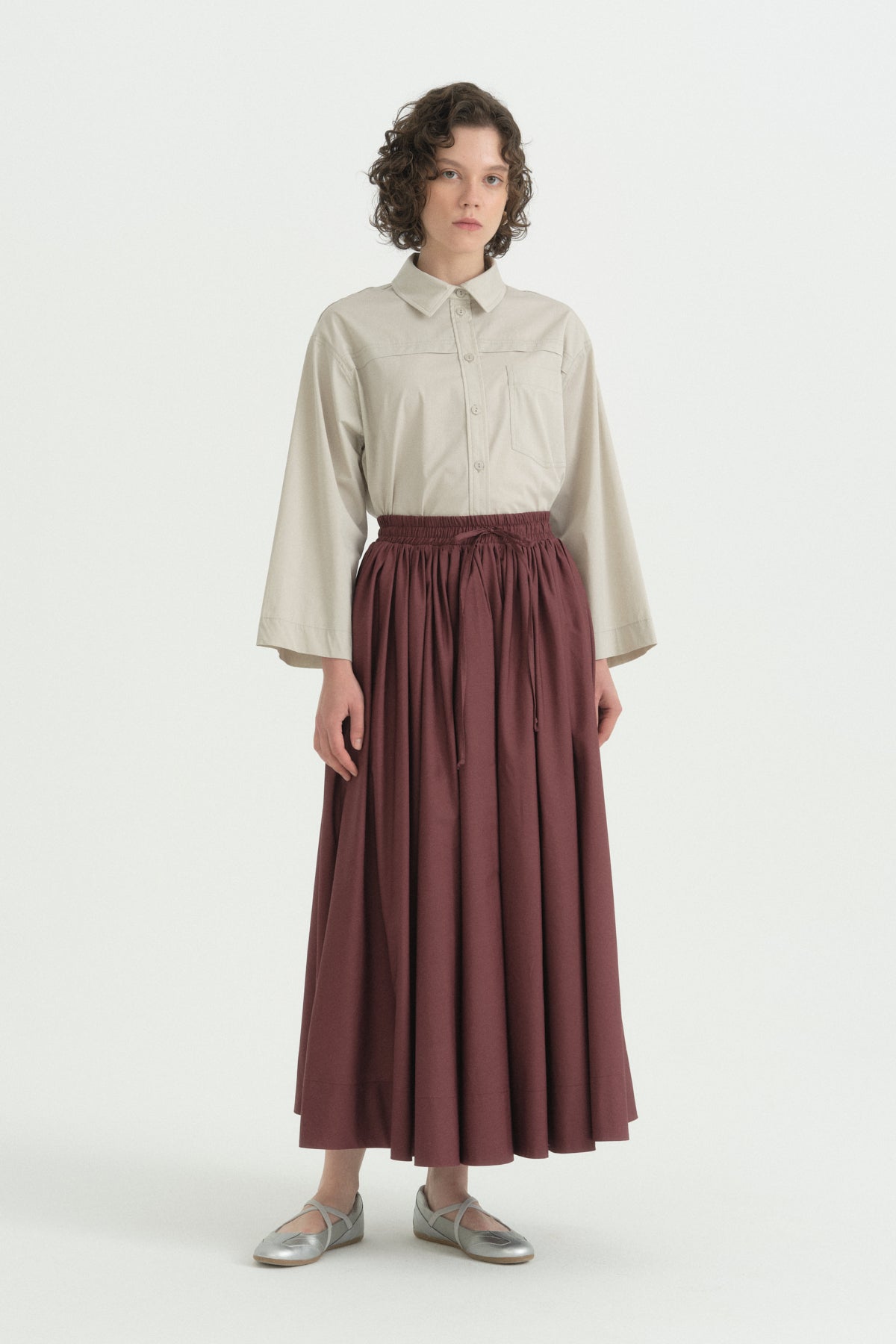 Beli Lastikli Büzgülü Cotton Etek - Mürdüm