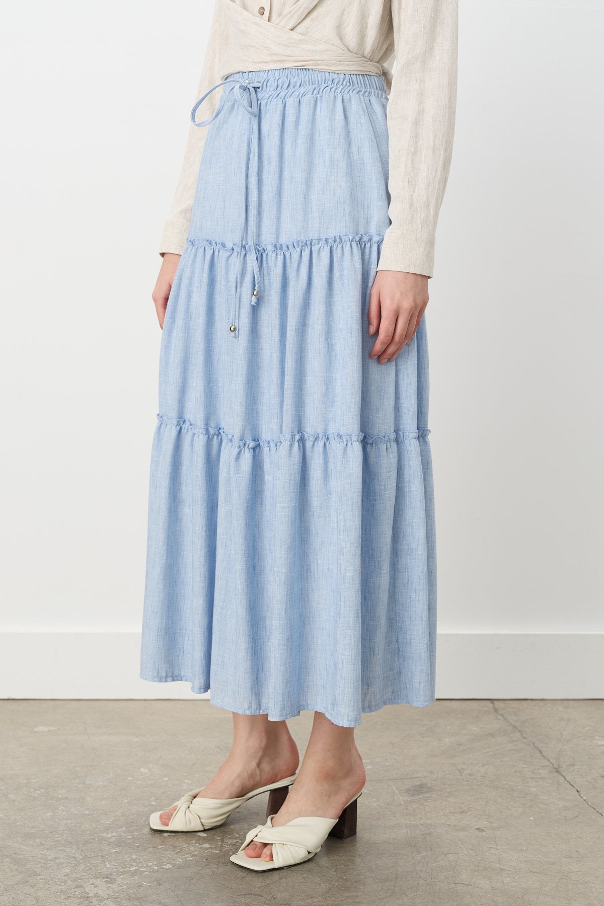 Gypsy Linen Skirt with Elastic Waistband - Light Blue