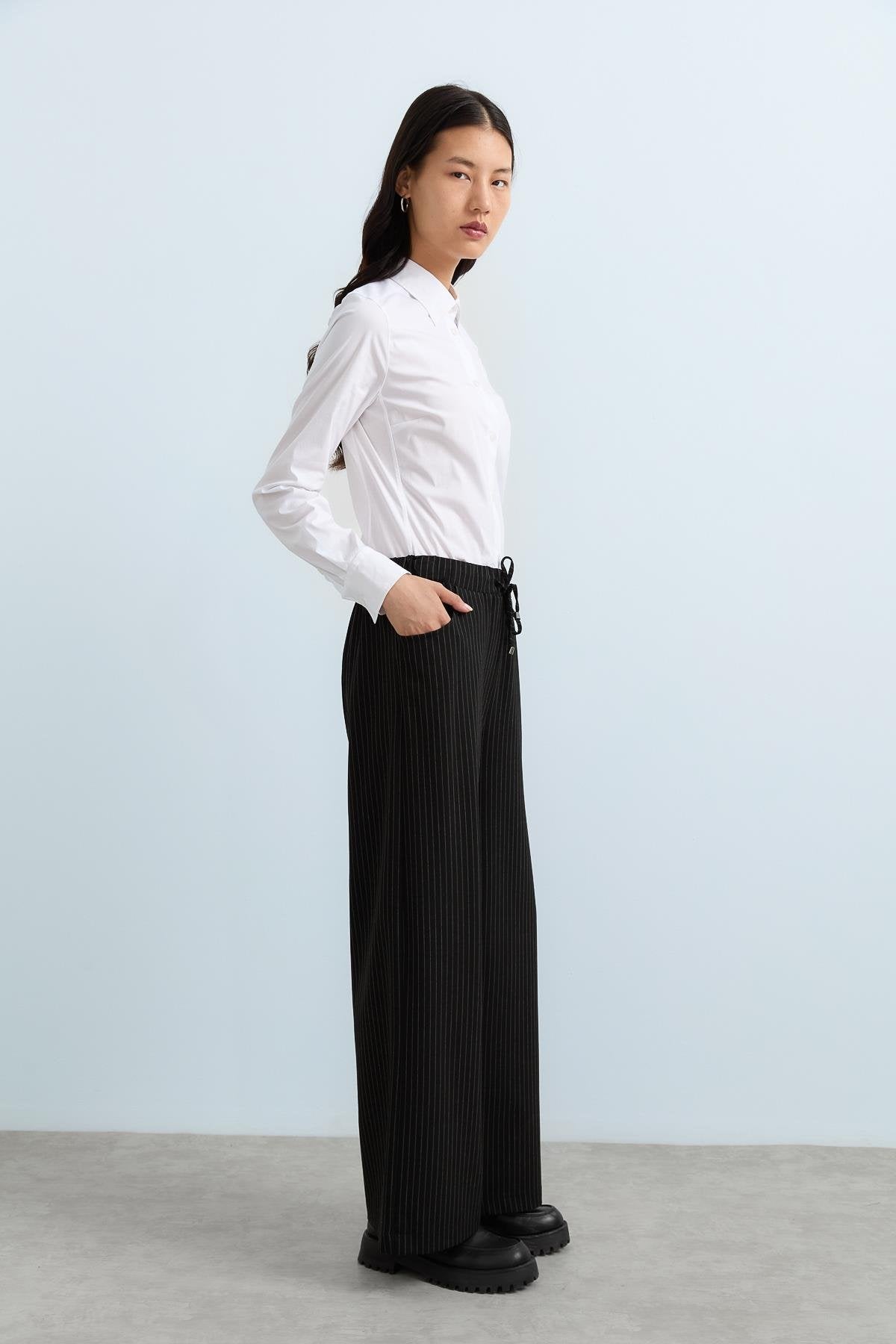 Striped Wide-Leg Trousers with Elastic Waistband - Black