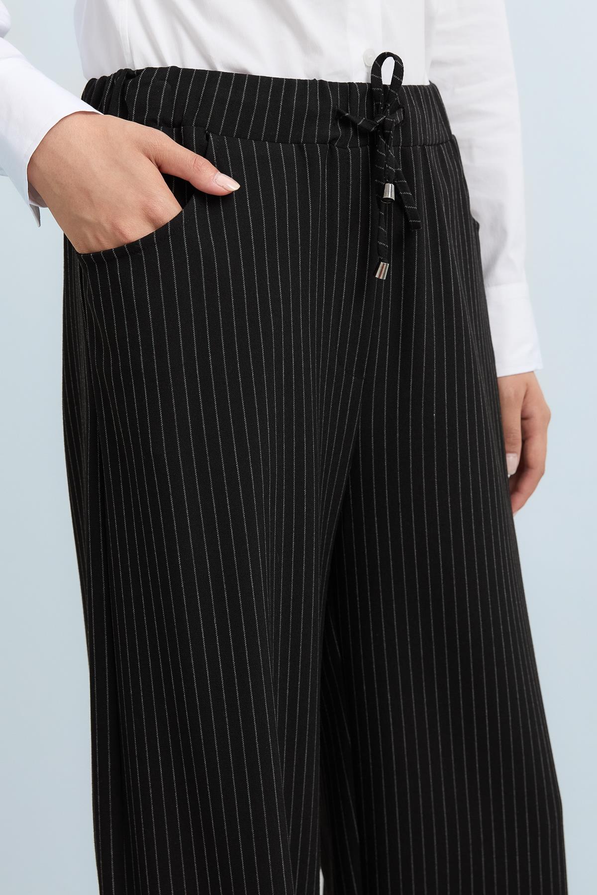Striped Wide-Leg Trousers with Elastic Waistband - Black