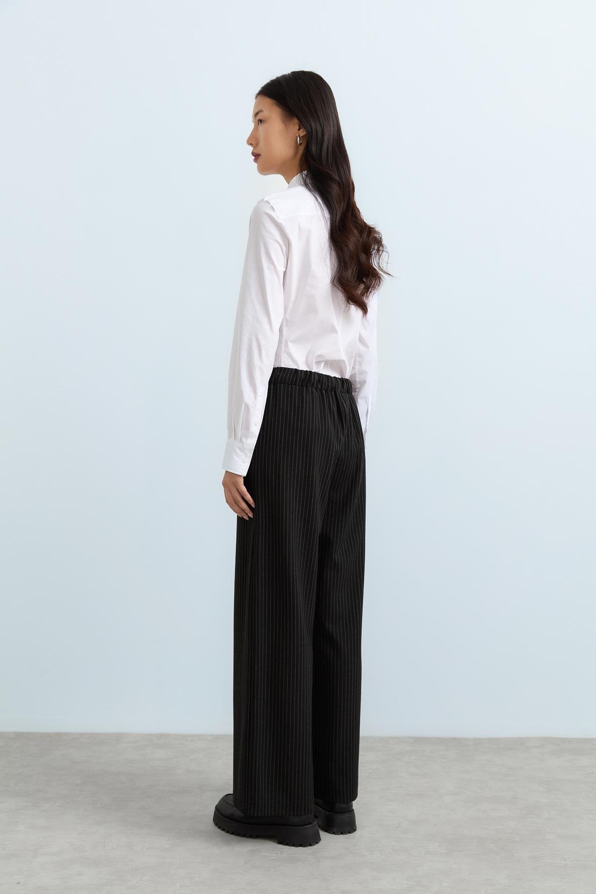 Striped Wide-Leg Trousers with Elastic Waistband - Black