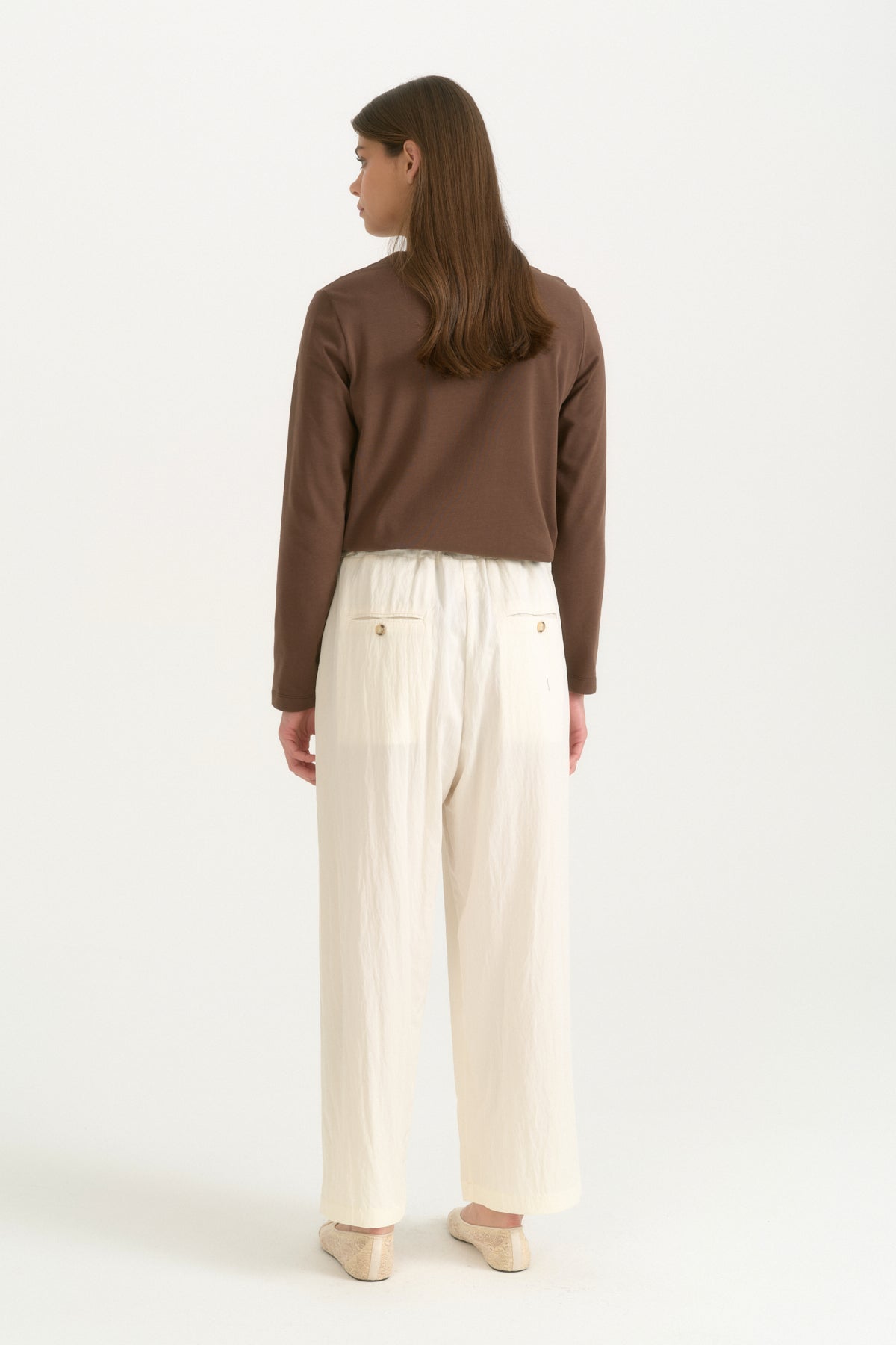 Beli Lastikli Düğme Detaylı Rayon Pantolon - Ekru