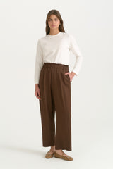 Rayon Trousers with Elasticated Waist and Button Detail - Coffee