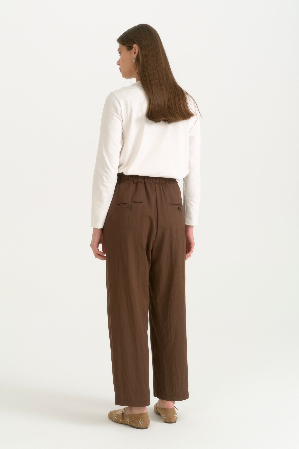 Rayon Trousers with Elasticated Waist and Button Detail - Coffee