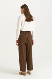 Rayon Trousers with Elasticated Waist and Button Detail - Coffee