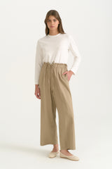 Rayon Pants with Elastic Waist and Button Detail - Khaki