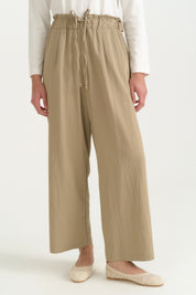 Rayon Pants with Elastic Waist and Button Detail - Khaki