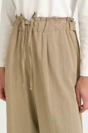 Rayon Pants with Elastic Waist and Button Detail - Khaki