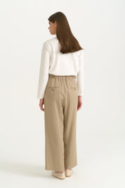 Rayon Pants with Elastic Waist and Button Detail - Khaki