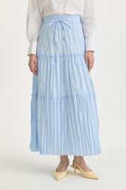 Cotton Skirt with Shirred Waist and Ruffle Detail - Light Blue