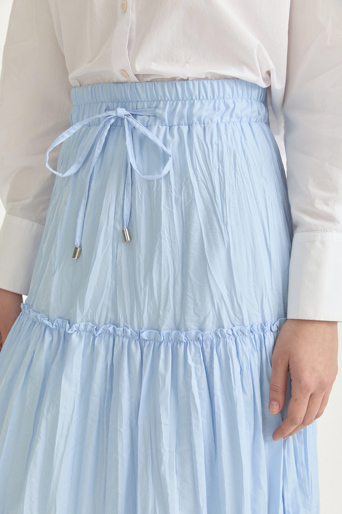 Cotton Skirt with Shirred Waist and Ruffle Detail - Light Blue
