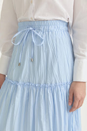 Cotton Skirt with Shirred Waist and Ruffle Detail - Light Blue
