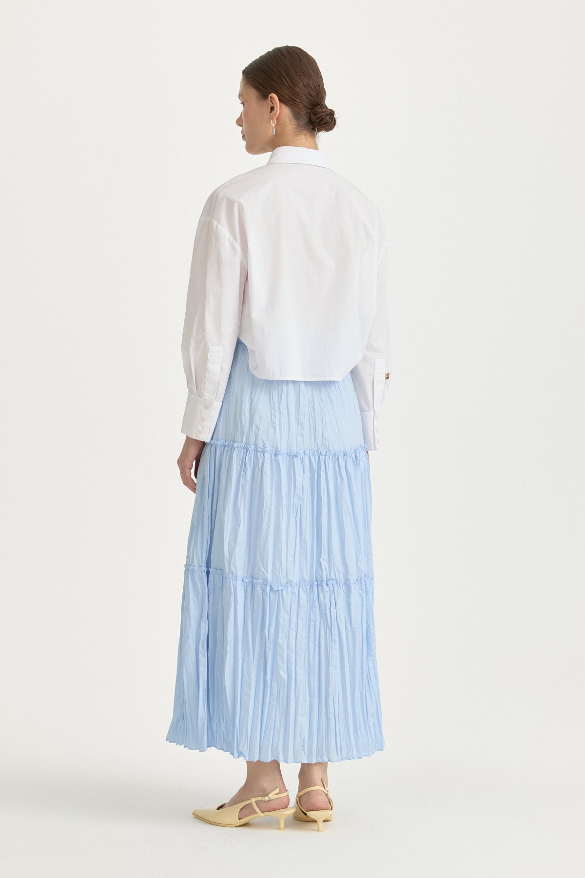 Cotton Skirt with Shirred Waist and Ruffle Detail - Light Blue