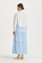 Cotton Skirt with Shirred Waist and Ruffle Detail - Light Blue