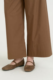 Beli Lastikli Geniş Paça Poplin Pamuk Pantolon - Kahve