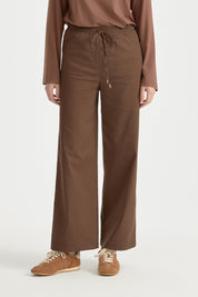 Elasticated Waist Canvas Wide Leg Basic Cotton Trousers - Coffee