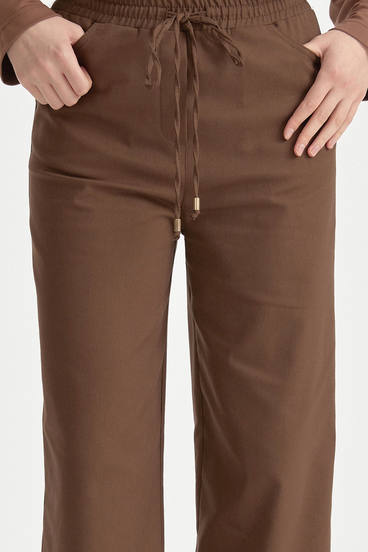 Elasticated Waist Canvas Wide Leg Basic Cotton Trousers - Coffee
