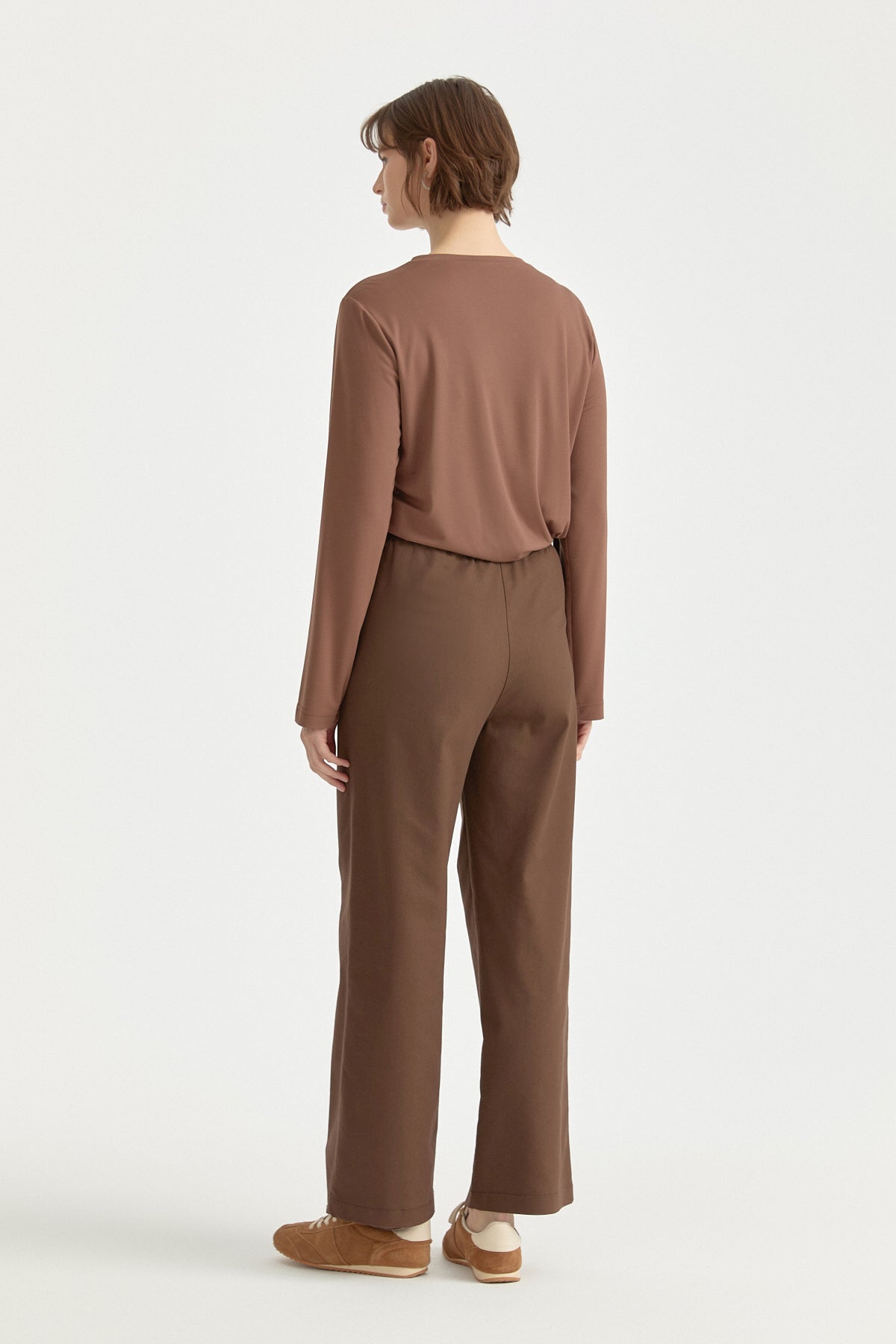 Elasticated Waist Canvas Wide Leg Basic Cotton Trousers - Coffee