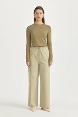 Elasticated Waist Canvas Wide-Leg Basic Cotton Trousers - Thyme