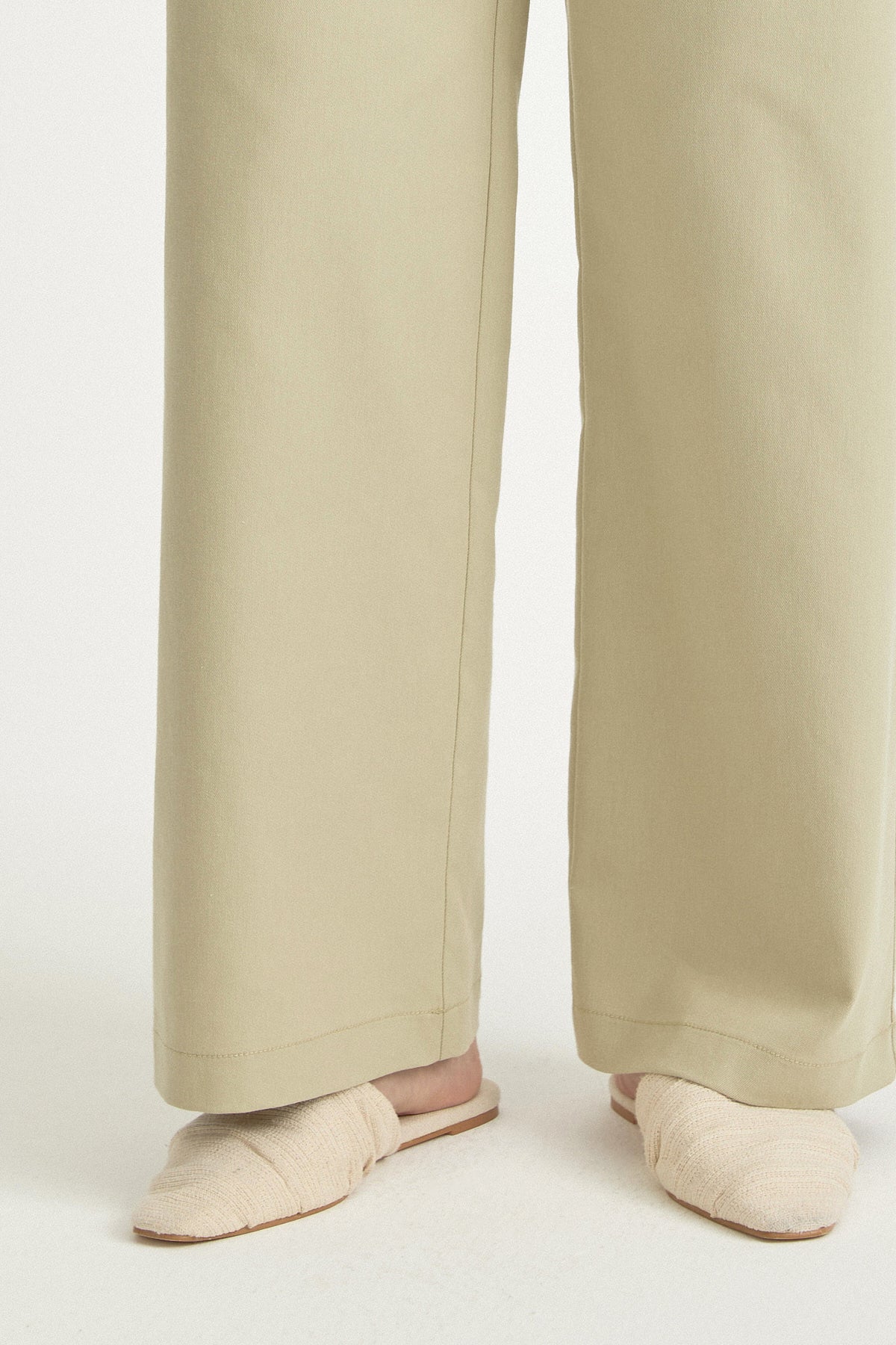 Elasticated Waist Canvas Wide-Leg Basic Cotton Trousers - Thyme