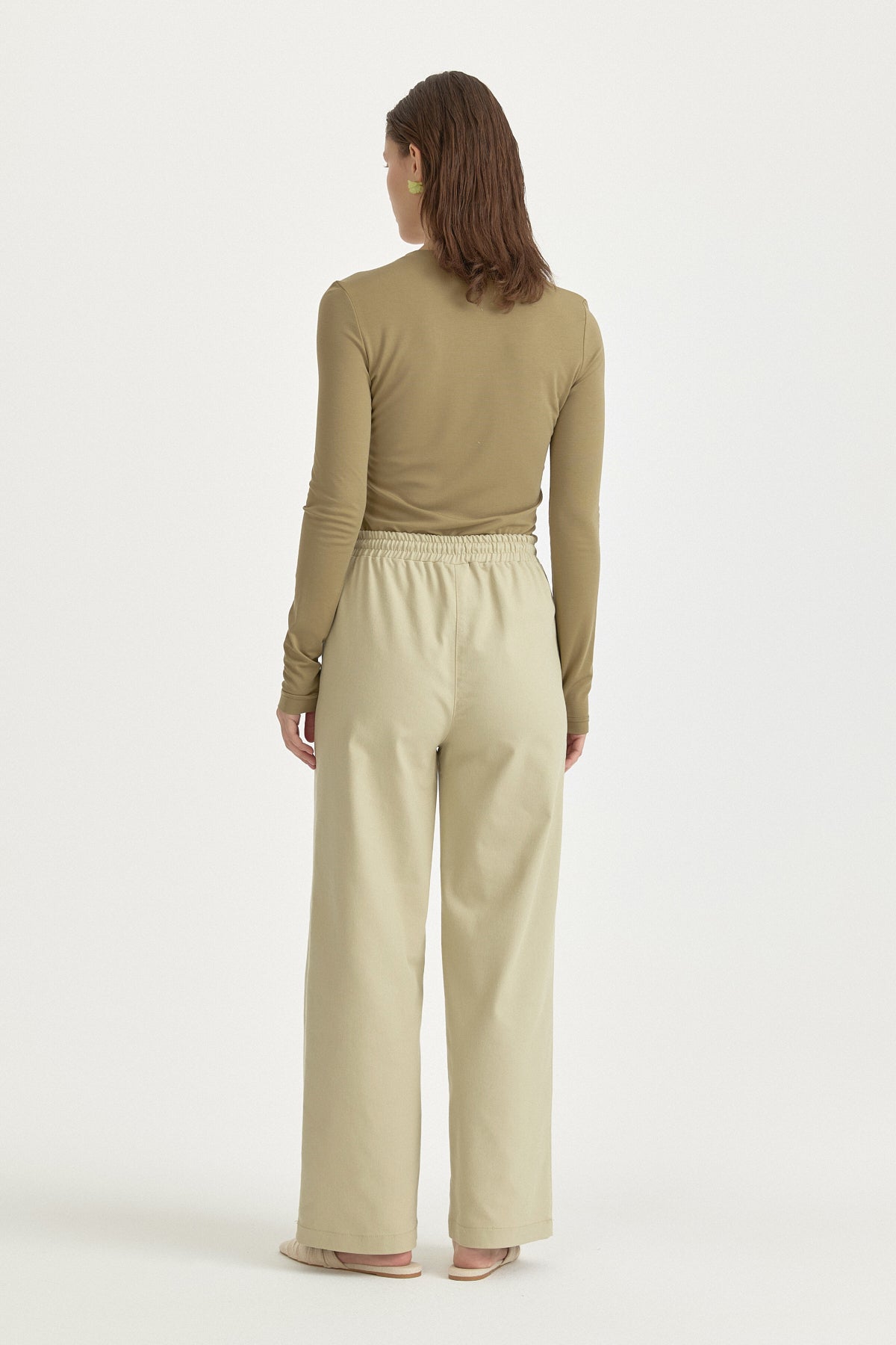 Elasticated Waist Canvas Wide-Leg Basic Cotton Trousers - Thyme