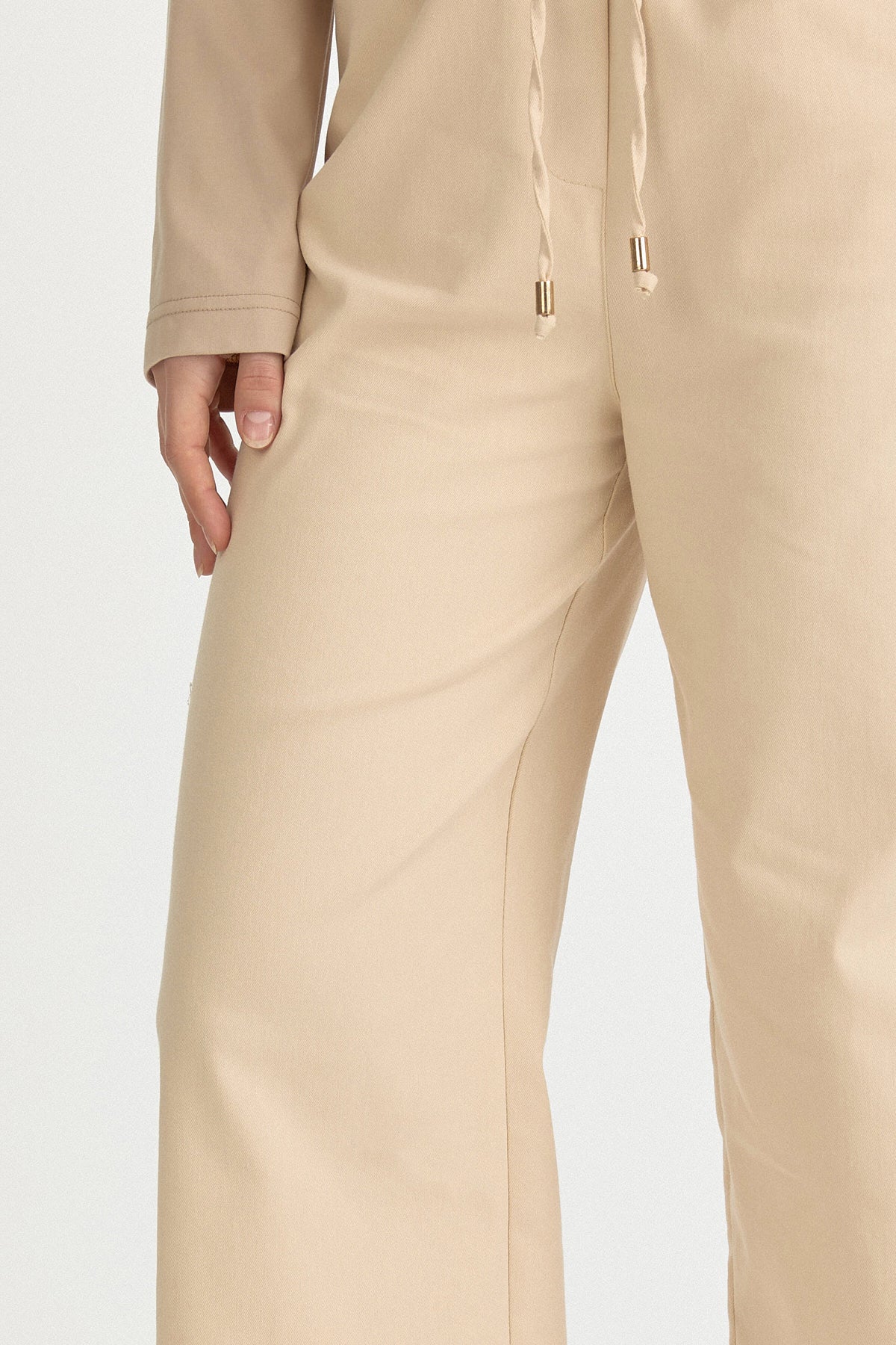 Beli Lastikli Kanvas Bol Paça Basic Pamuk Pantolon - Krem