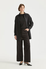 Elastic Waist Canvas Wide Leg Basic Cotton Trousers - Black