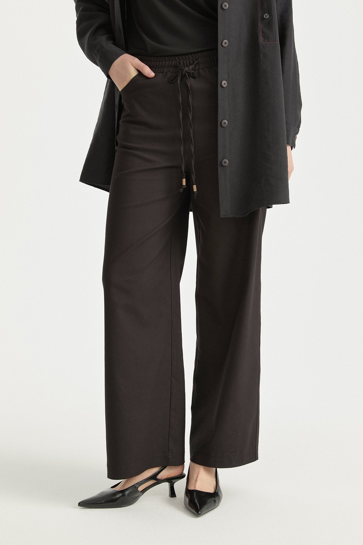 Elastic Waist Canvas Wide Leg Basic Cotton Trousers - Black