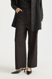 Elastic Waist Canvas Wide Leg Basic Cotton Trousers - Black