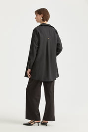 Elastic Waist Canvas Wide Leg Basic Cotton Trousers - Black