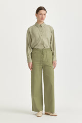 Elasticated Waist Canvas Wide-Leg Basic Cotton Trousers - Green