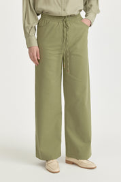 Elasticated Waist Canvas Wide-Leg Basic Cotton Trousers - Green