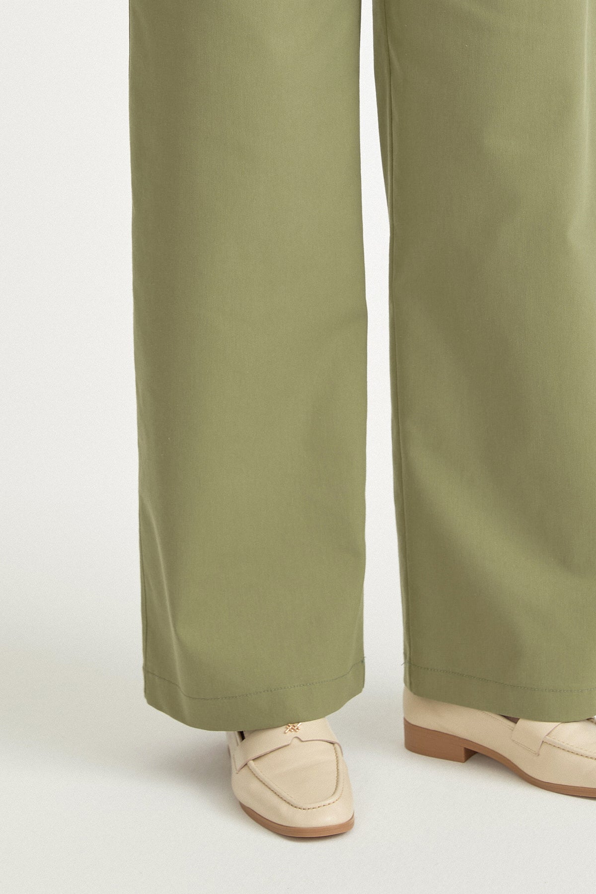 Elasticated Waist Canvas Wide-Leg Basic Cotton Trousers - Green