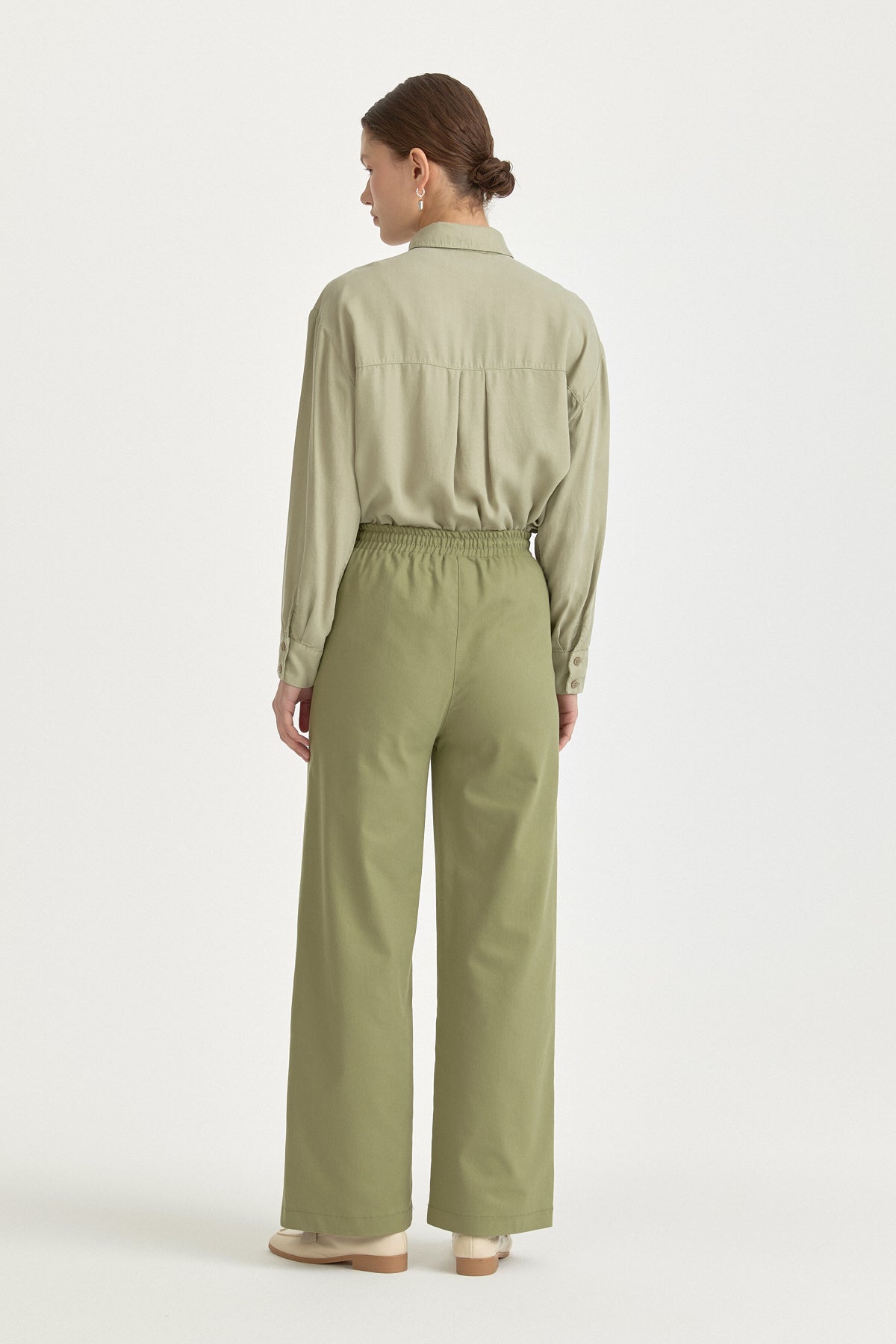 Elasticated Waist Canvas Wide-Leg Basic Cotton Trousers - Green