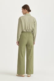 Elasticated Waist Canvas Wide-Leg Basic Cotton Trousers - Green