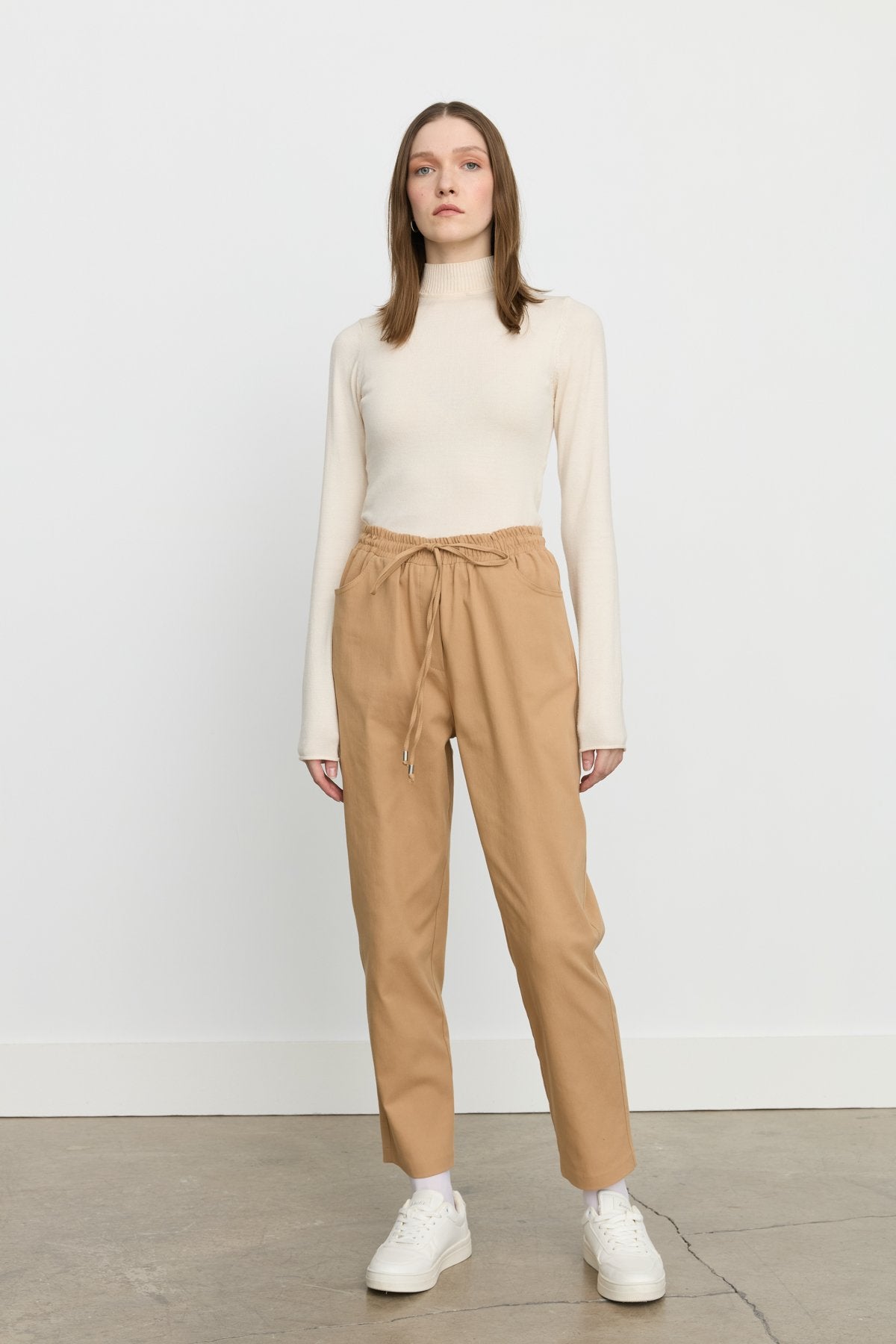 Beli Lastikli Kanvas Havuç Denim Pantolon - Camel