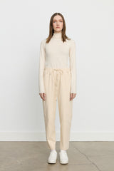 Elasticated Waist Canvas Carrot Denim Trousers - Cream